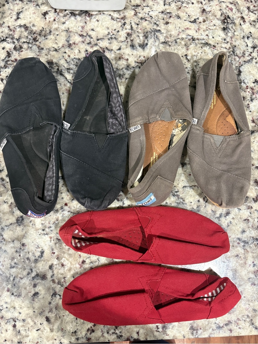Toms Canvas Slip-Ons in Grey, Bobs in Black, & SO in Red -